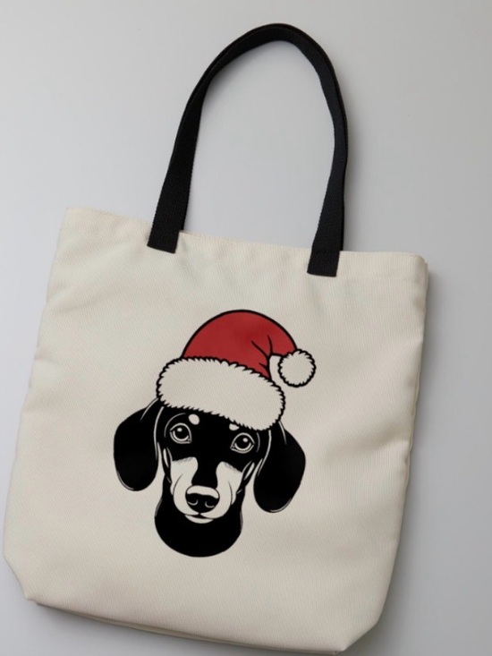 Other - Holiday Dachshund Tote Bag in Cream with Black Handles